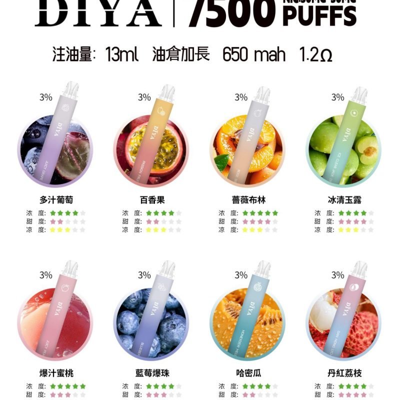 DIYA叮啞抛棄式系列 |叮啞7500口大容量13ml|一次性電子煙 -  | 長效續航，多種口味